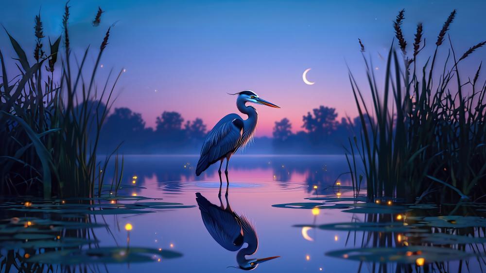 Great Blue Heron at Dusk Reflections wallpaper