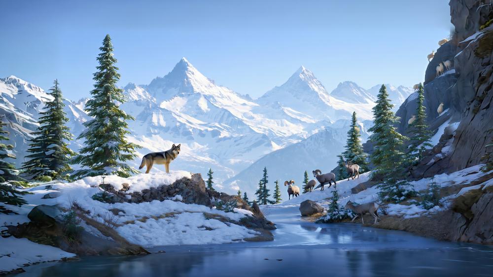 Wolf on Snowy Mountain wallpaper