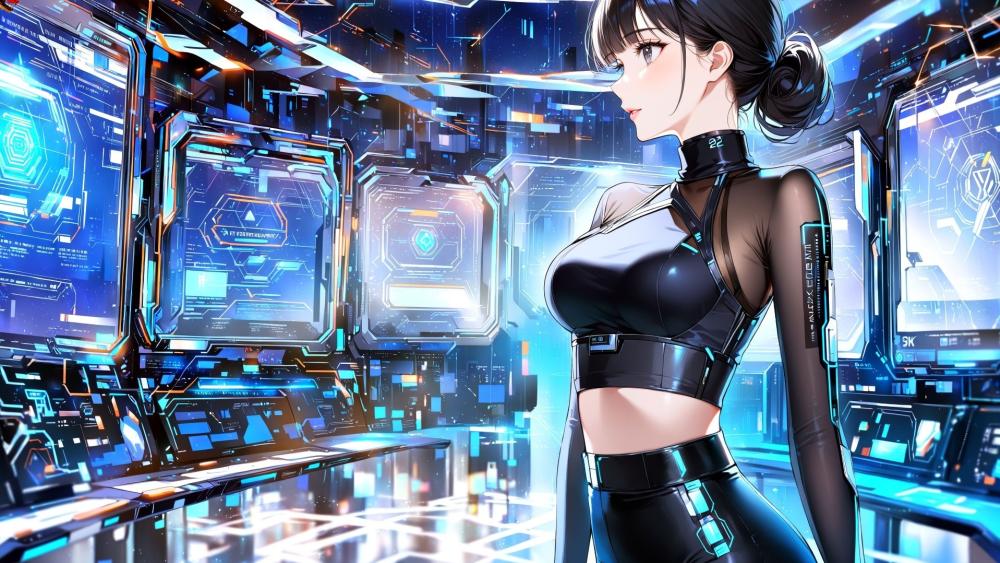 Futuristic AI Anime Girl in High-Tech Lab wallpaper