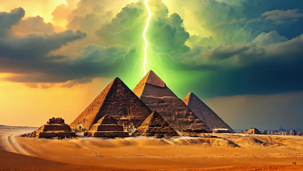 Mystical Pyramids under a Surreal Storm wallpaper
