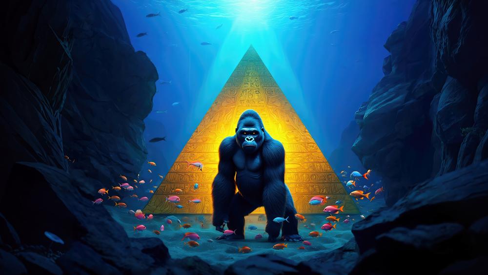 Gorilla Underwater With a Golden Pyramid wallpaper