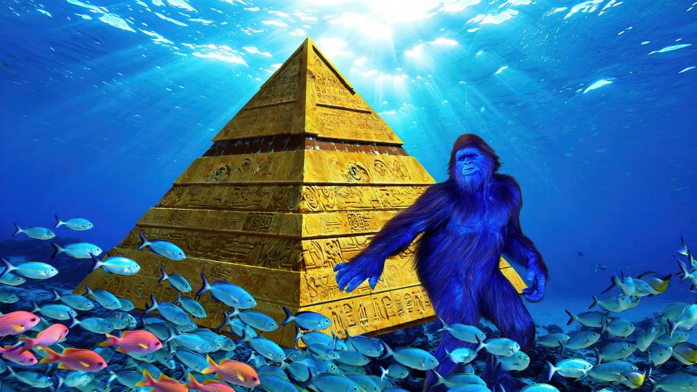 Underwater Gorilla and Pyramid Encounter wallpaper