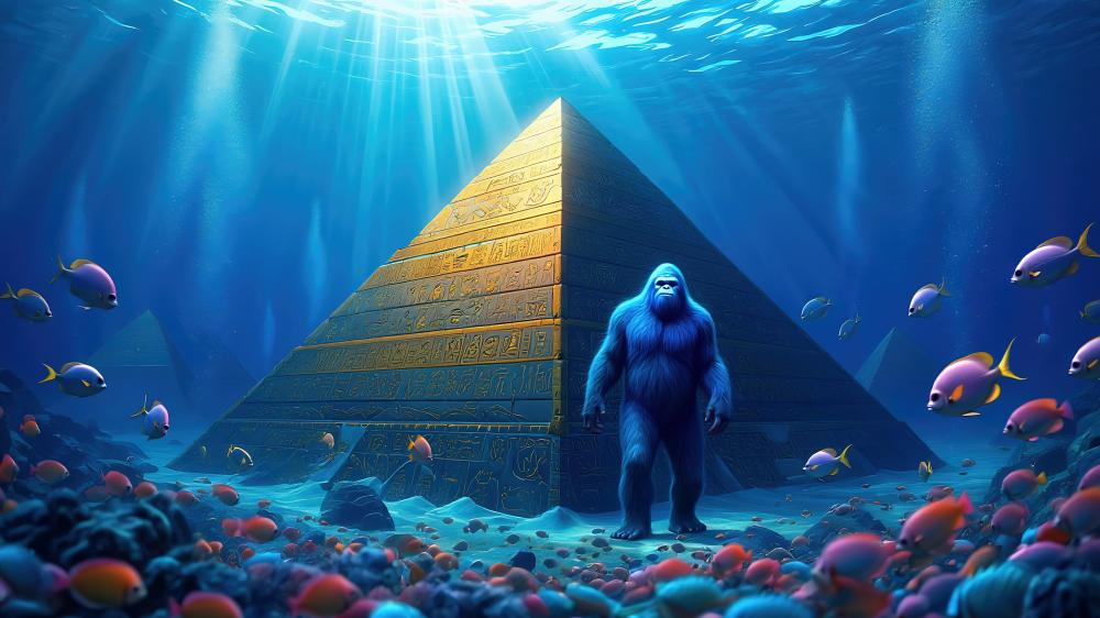 Underwater Enigma Mythical Gorilla and Hidden Pyramid wallpaper