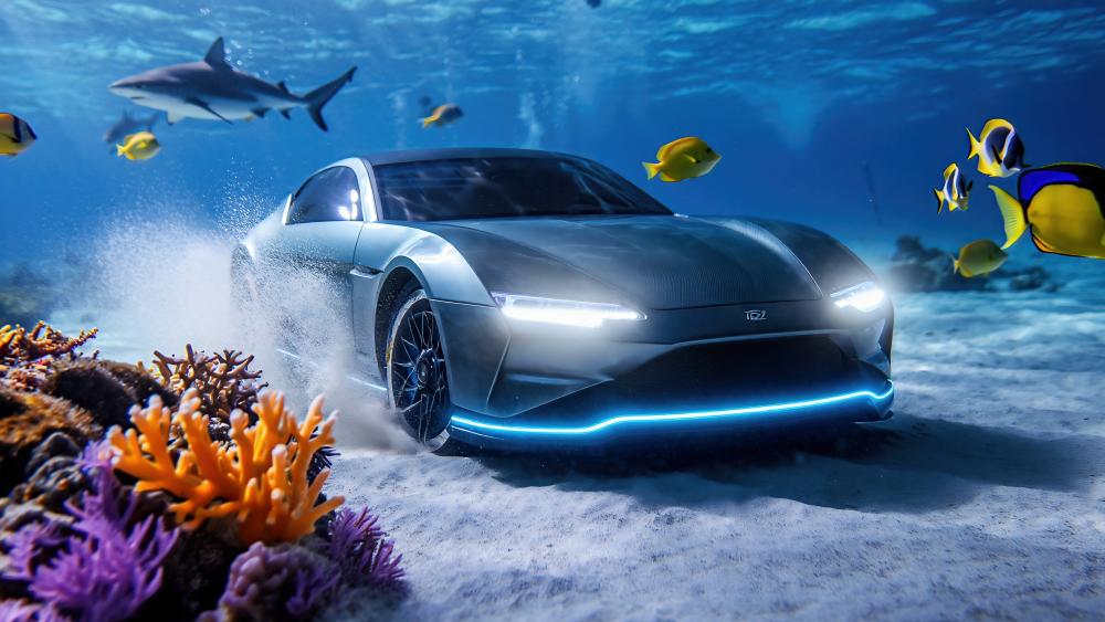 Light Blue Supercar Glides Through Reef Wonderland wallpaper