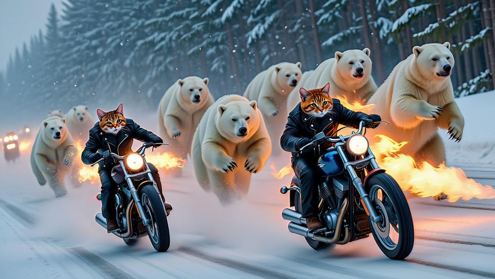 Polar Cats on Fiery Motorbikes Chased by Bears wallpaper