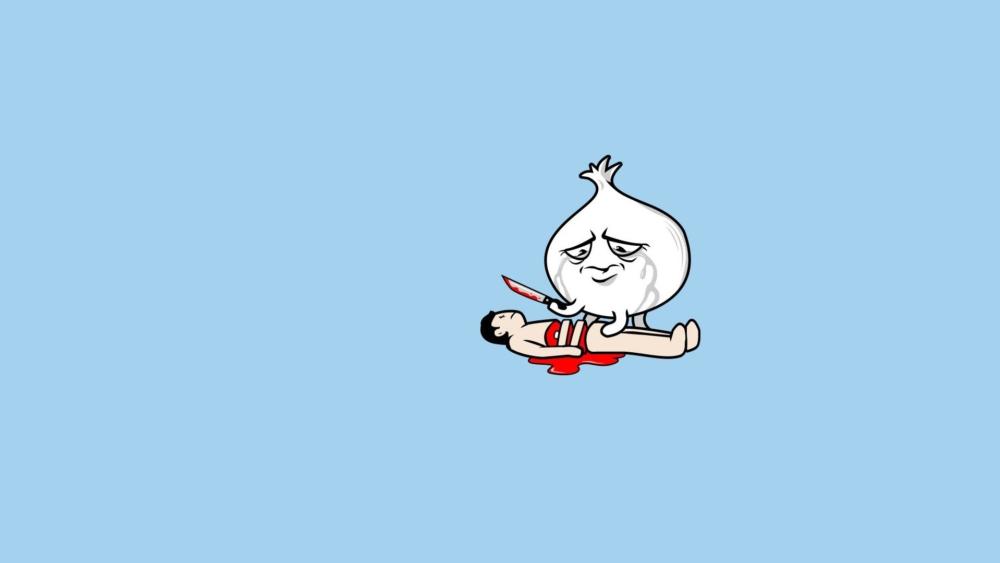 Killer Onion Strikes Again in Quirky Cartoon Scene wallpaper