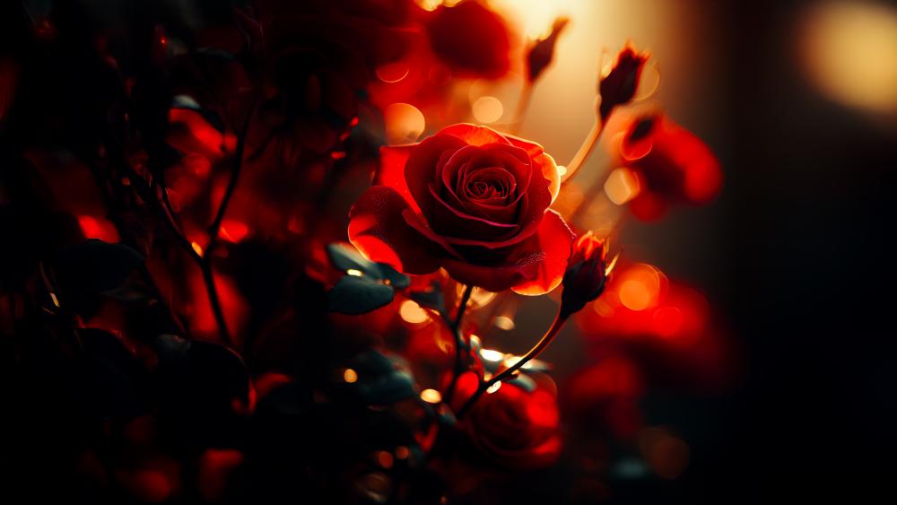 A red rose in the garden in the morning sun wallpaper