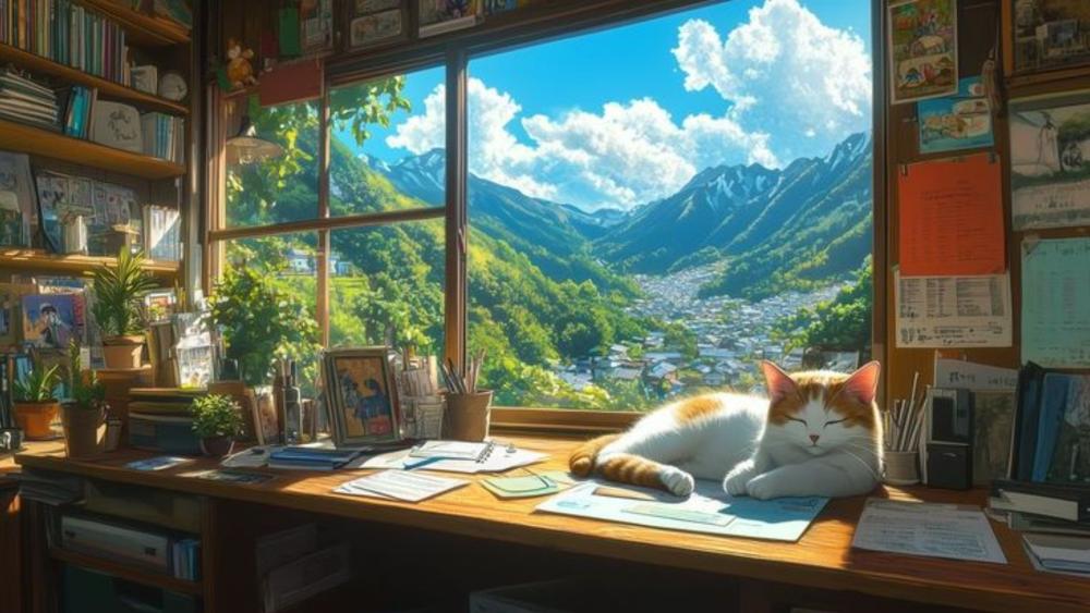 Peaceful Mountain Retreat with Cat Companion wallpaper