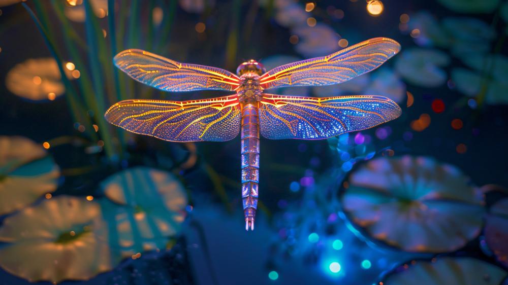 Glowing Dragonfly in Neon Fantasy Realm wallpaper