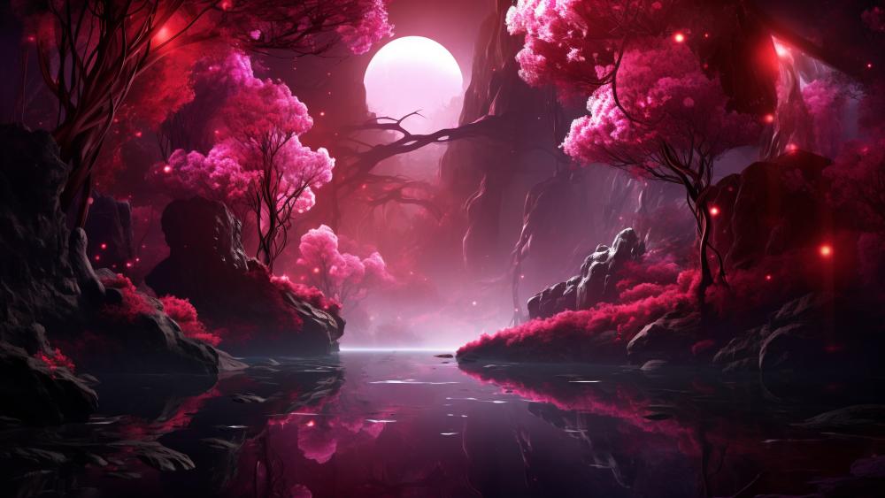 Dreamy Pink Forest at Night wallpaper