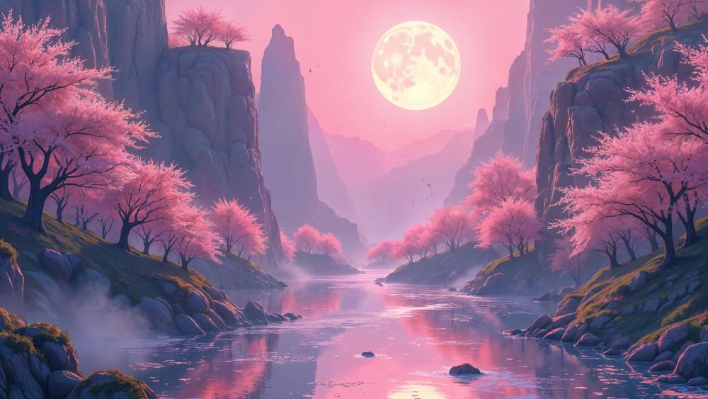 Cherry Blossoms by the Moonlit River wallpaper