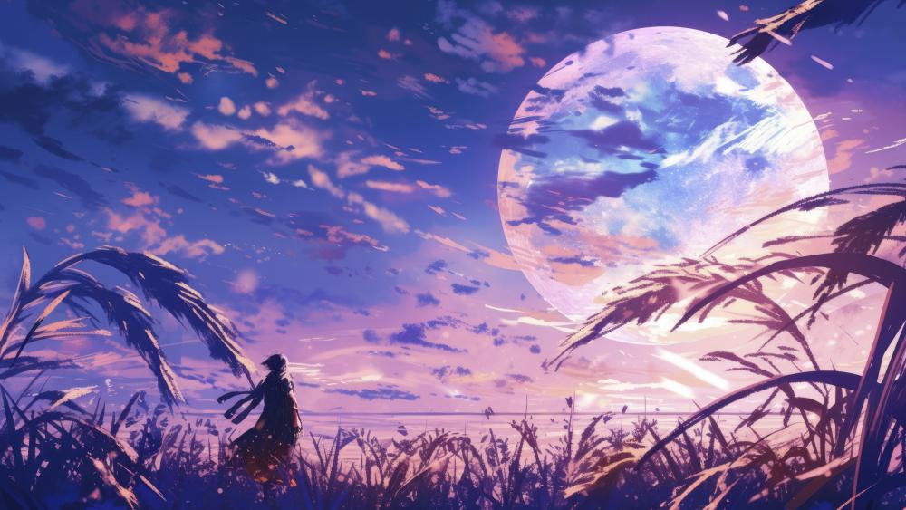 Mysterious Wanderer Under Supermoon Sky wallpaper