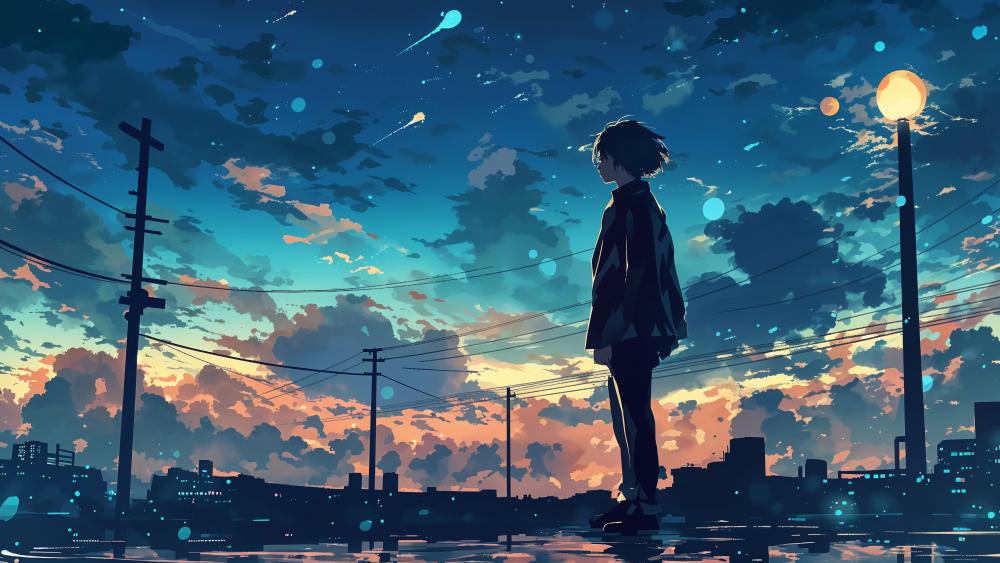 Anime Boy’s Solitary Twilight Gaze wallpaper