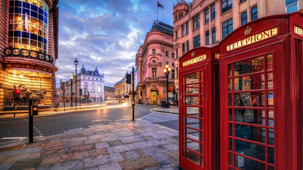 Iconic London Call Boxes at Dusk wallpaper
