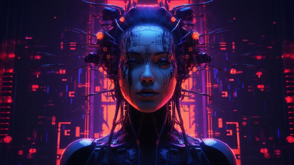 Futuristic Cyborg Woman in Neon Glow World wallpaper