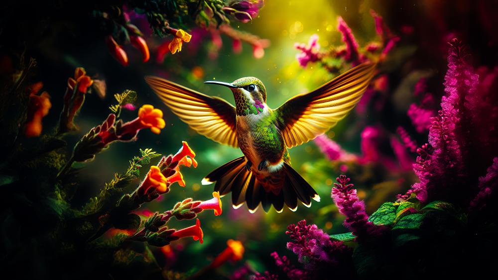 A Bee hummingbird in the garden on a morning  wallpaper