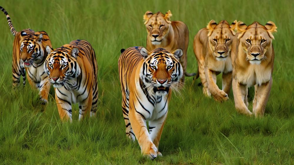 Majestic Meeting of Lions and Tigers wallpaper