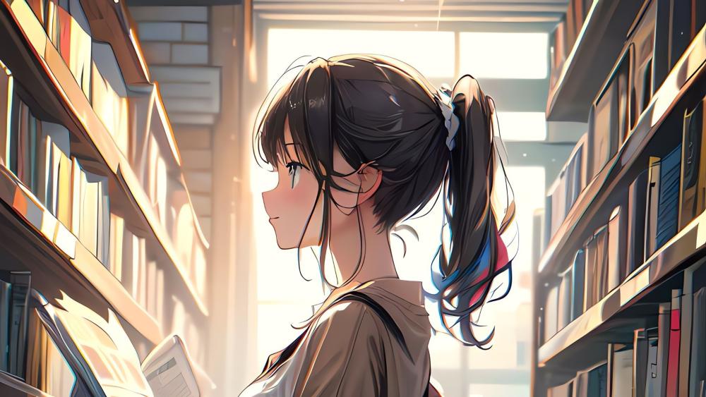 Anime Girl in Tranquil Library Setting wallpaper