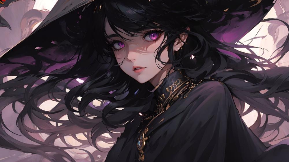 Enchanting Anime Sorceress with Purple Eyes and Flowing Hair wallpaper