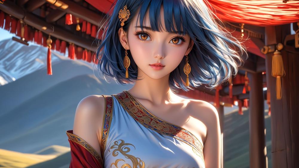 Blue Hair Elegance in Oriental Setting wallpaper