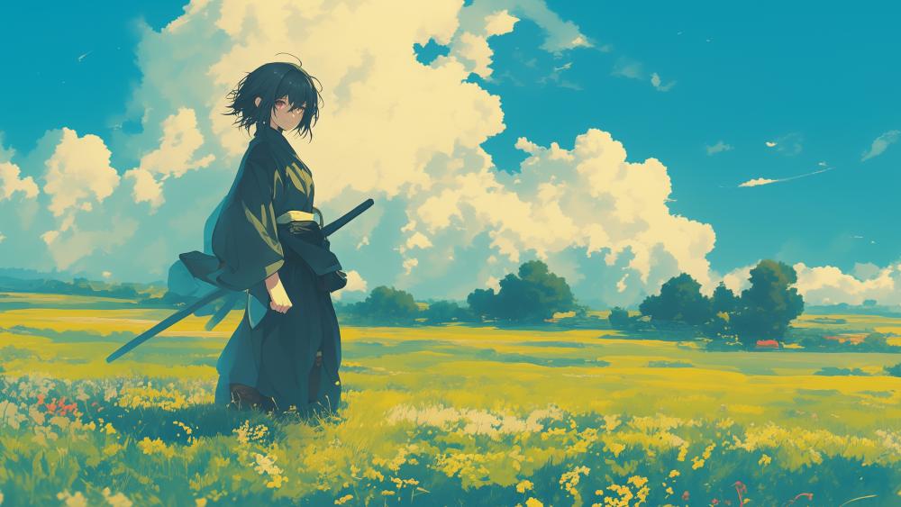 Anime Samurai Boy in Serene Meadow wallpaper