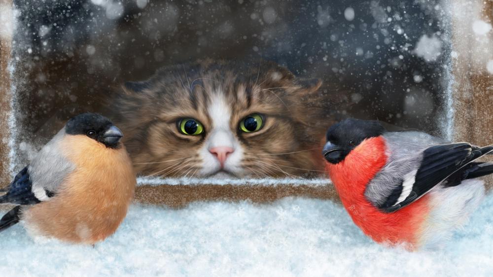 Curious Cat in Winter Wonderland wallpaper