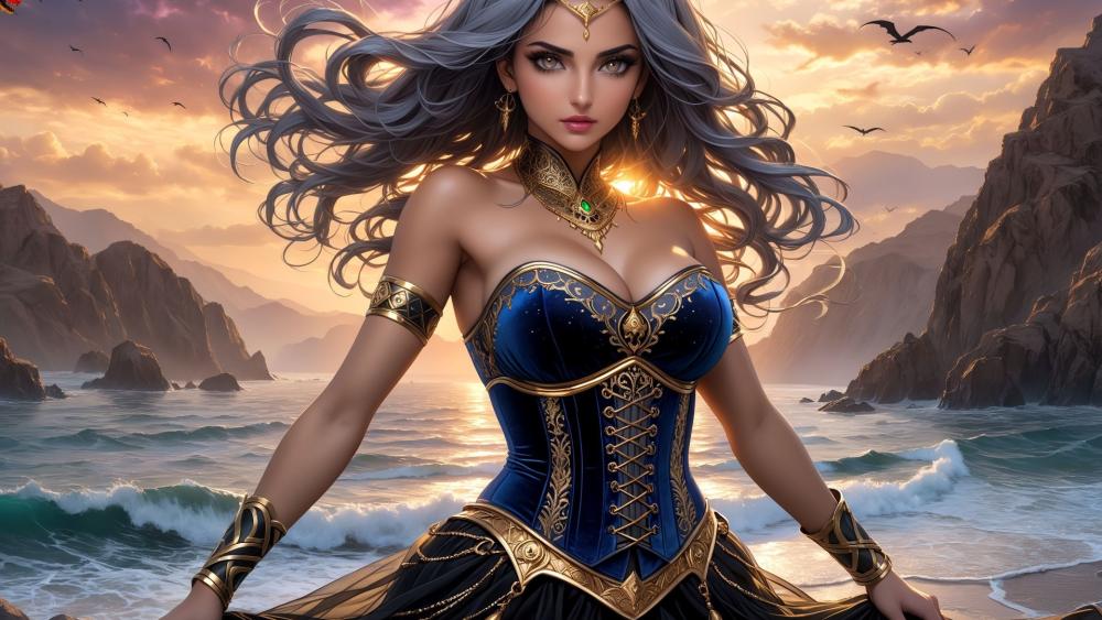 Silver-Haired Princess by the Sea wallpaper