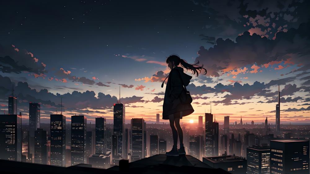Solitary Reflection in the Anime Cityscape at Sunset wallpaper