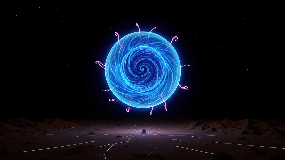 Swirling Blue Sphere in Cosmic Darkness wallpaper