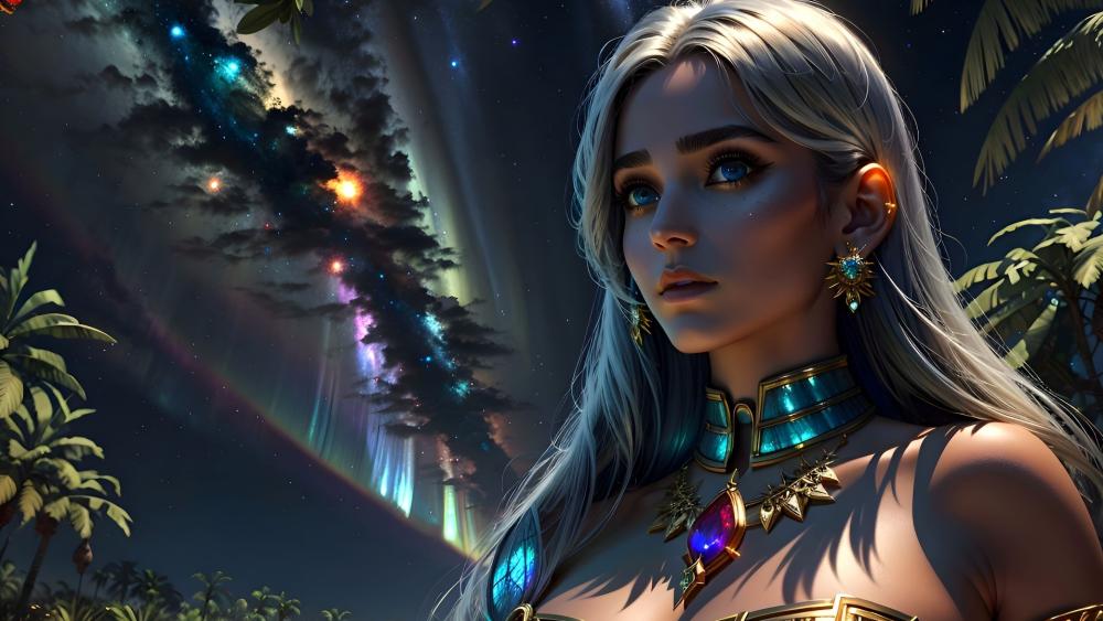 Celestial Dreamscape with Silver-Haired Enchantress wallpaper