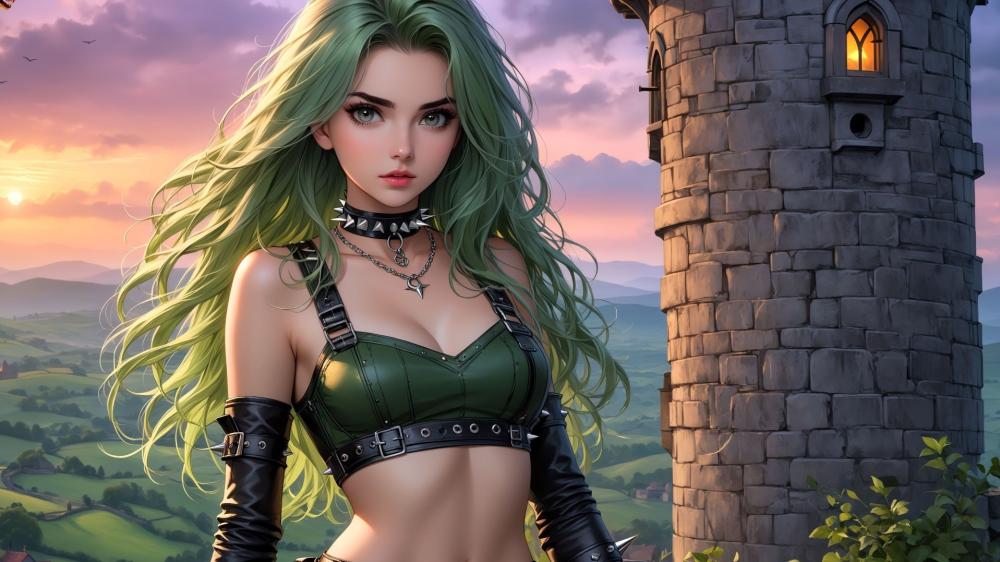 Green-Haired Anime Girl in Enchanting Landscape wallpaper