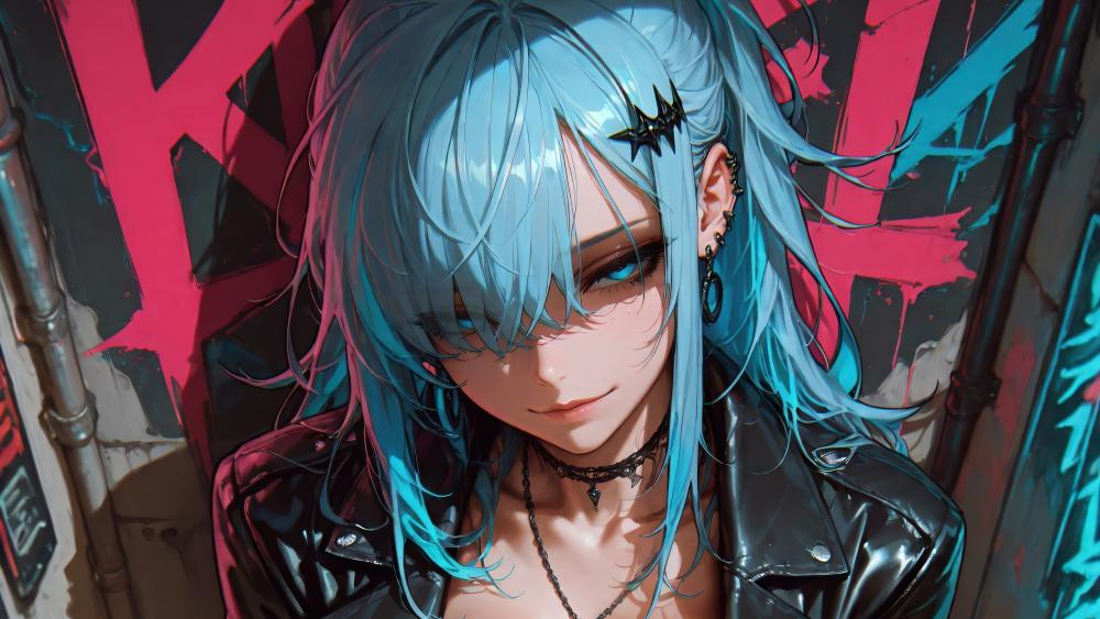 Blue-Haired Anime Girl in Urban Art Scene wallpaper