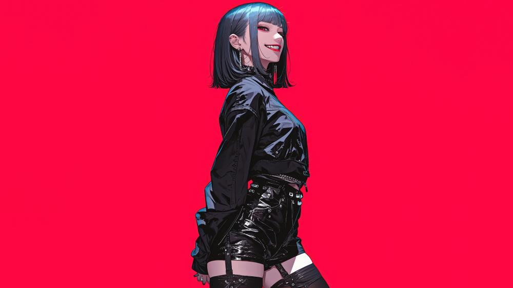 Anime Girl with Black Hair Against Red Background wallpaper