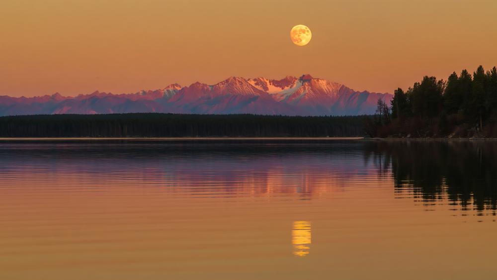 Serene Evening by the Lakeside with Moonlit Mountains wallpaper