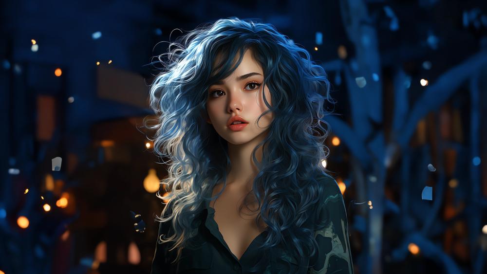 Blue-Haired AI Beauty in Mysterious Night wallpaper
