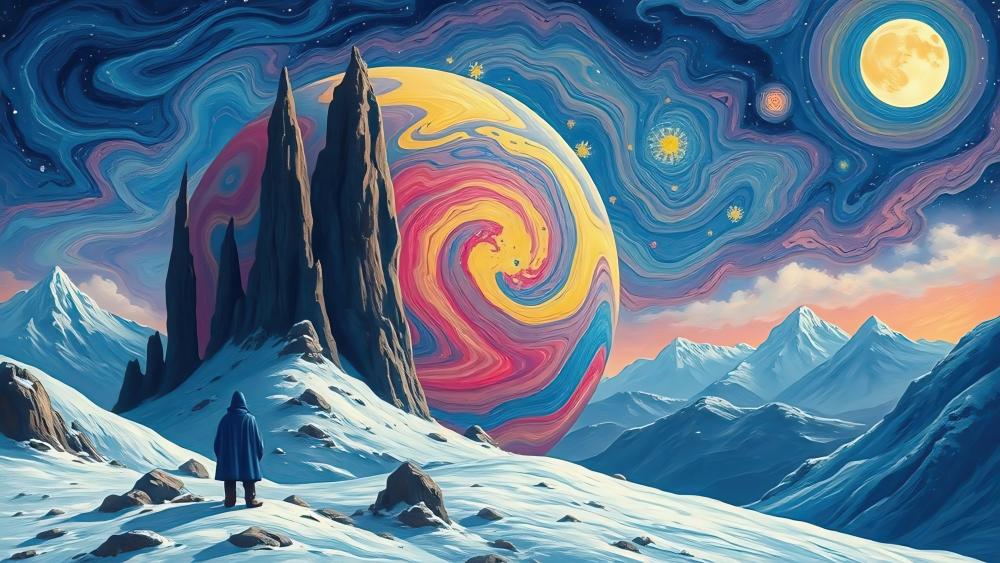 Surreal Cosmic Journey: A Solitary Traveler's Dream wallpaper