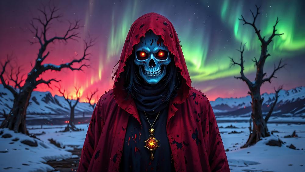 Demonic Figure Under Polar Lights wallpaper