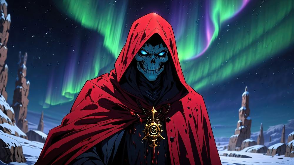 Demon in Red Cloak Under Polar Lights wallpaper