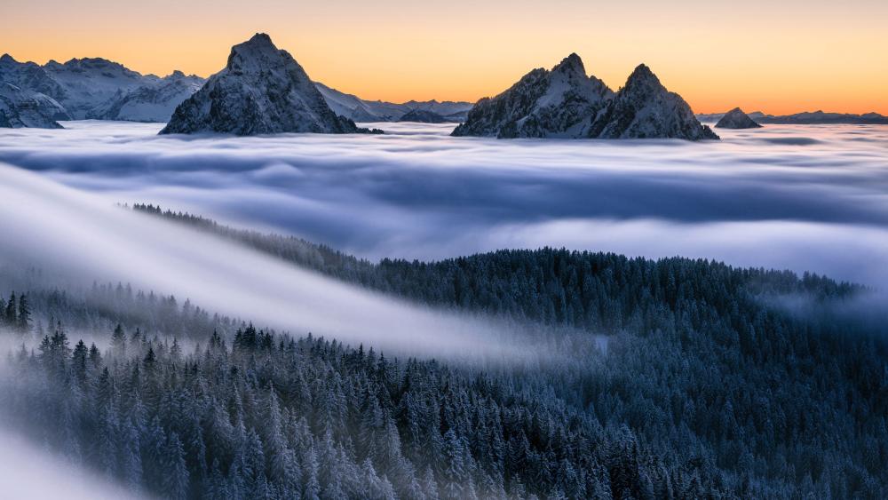 Alpine Sunrise Emerge from the Foggy Dawn wallpaper