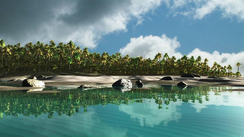 Tropical Island Paradise with Palms and Clear Waters wallpaper