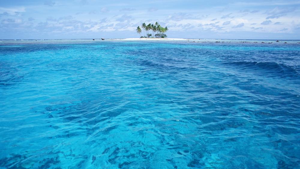Tropical Islet Oasis with Crystal Blue Waters wallpaper