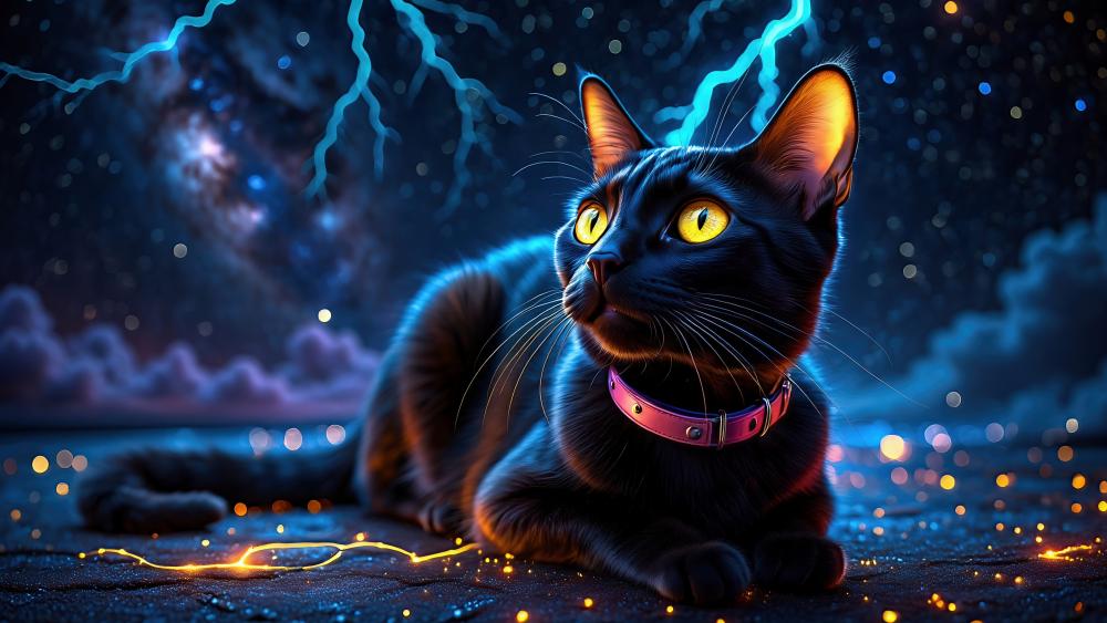 Mystical Black Cat Under a Starry Night Sky wallpaper