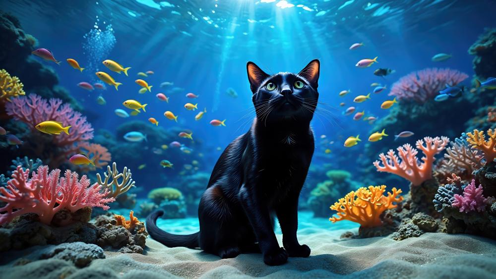 Underwater Feline Adventure in Vibrant Coral Reef wallpaper