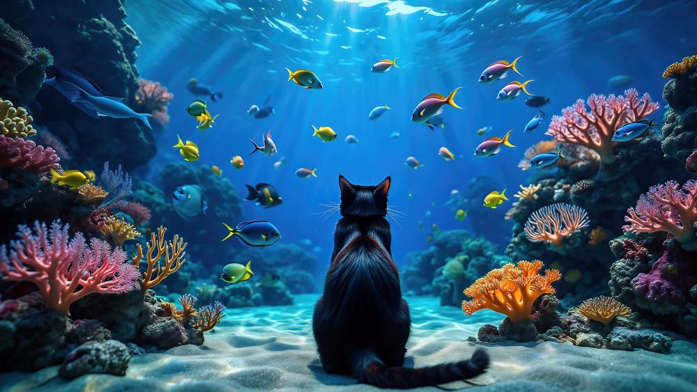 Curious Cat in a Coral Wonderland wallpaper