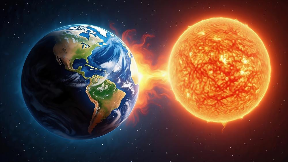 Galactic Encounter: Earth and Sun Meld in AI Art wallpaper