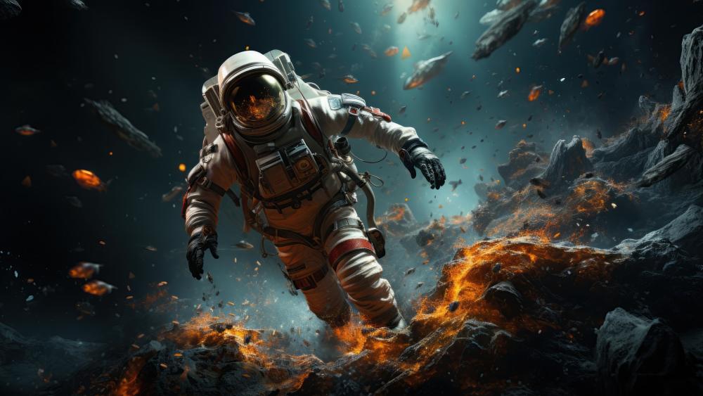 Astronaut Journey Through Fiery Cosmos wallpaper
