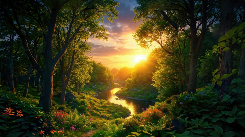 Serene Sunset over Forest Stream wallpaper
