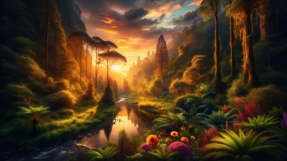 Fantasy Sunset in Mystic Rainforest wallpaper
