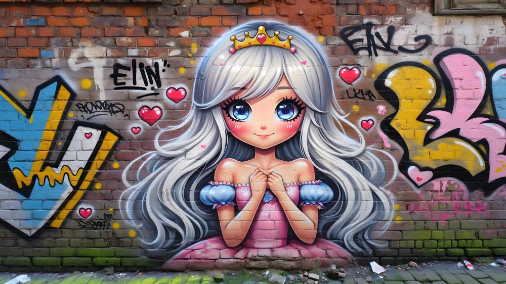 Kawaii Anime Graffiti on Urban Brick Wall wallpaper