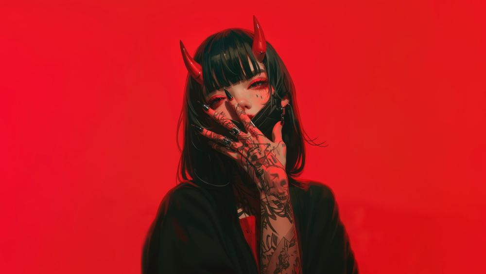 Tattooed Demoness in Vivid Red Fantasy wallpaper